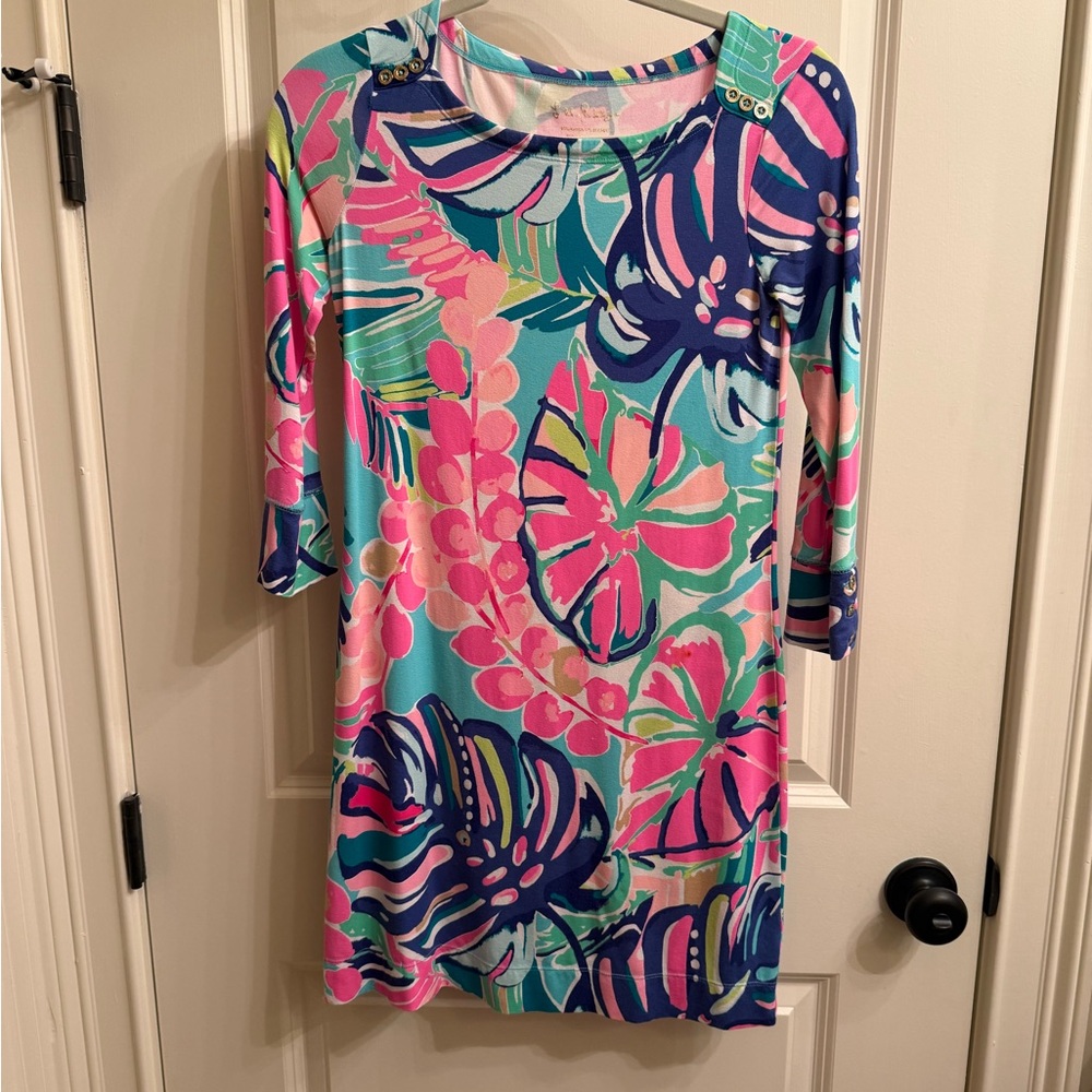 Tropical Print Shift Dress - Pink, Teal & Navy